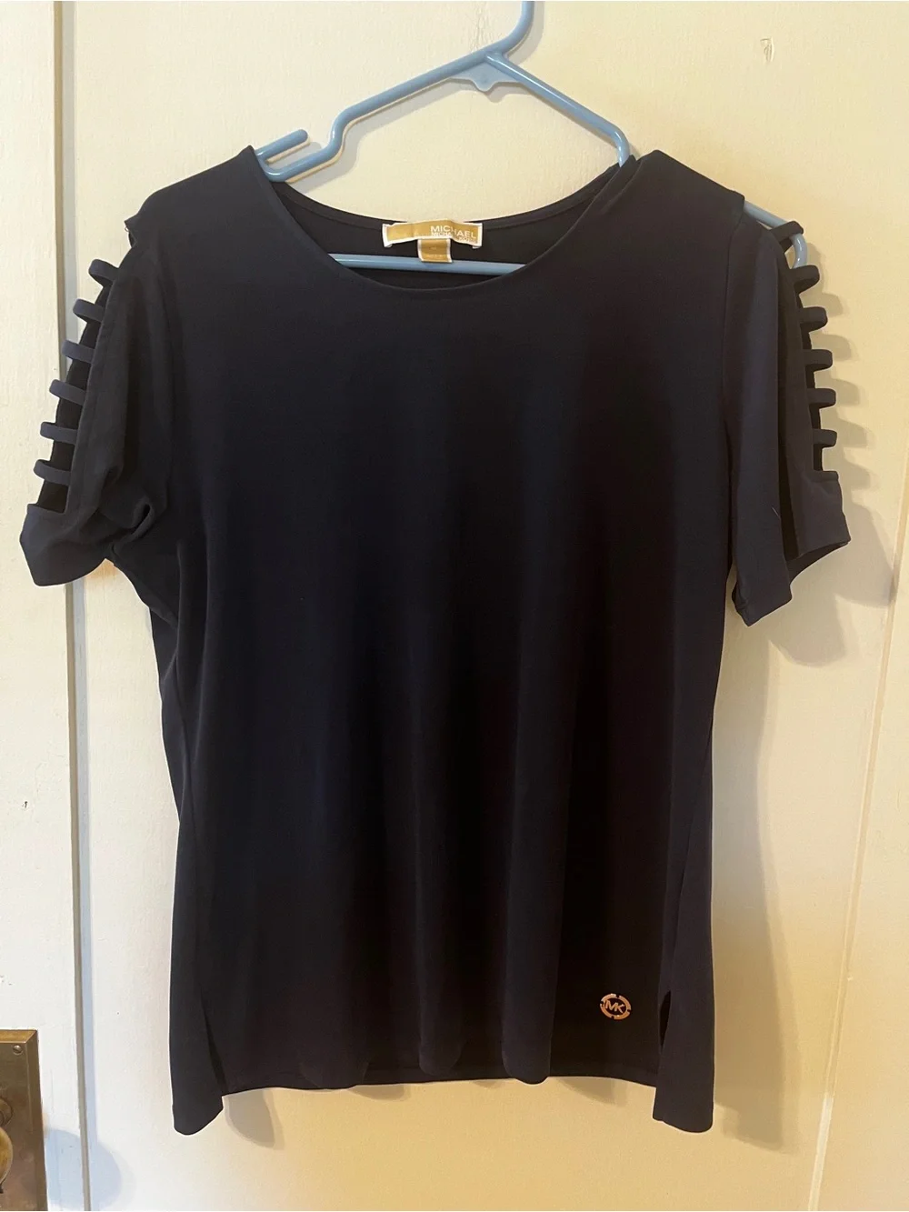 Michael Kors Women's Ladder Cut Short Sleeve Blouse shirt midnight blue medium